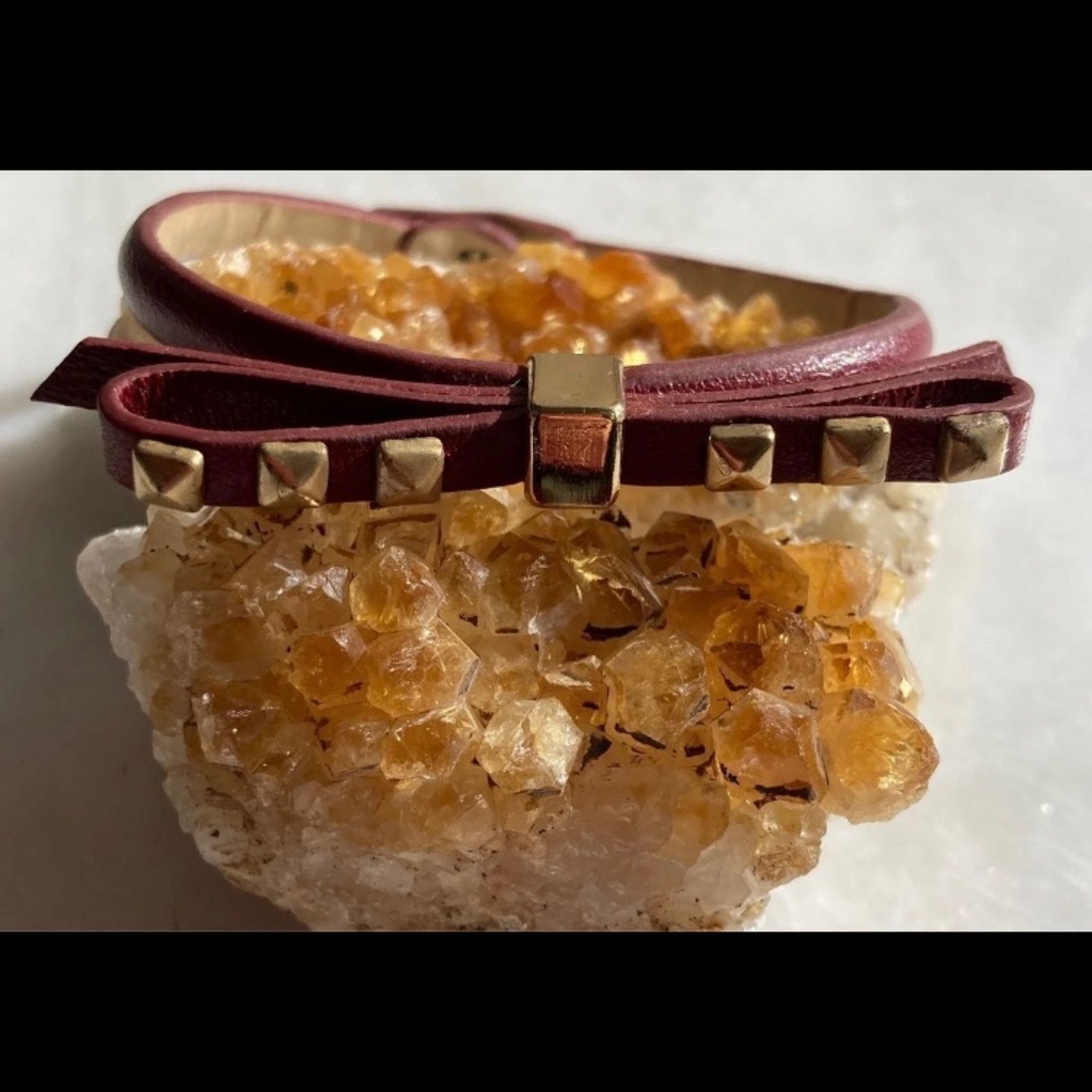Dark Red Burgundy Leather Bow Bracelet with gold Pyramid Studs
